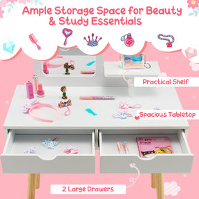 Girls Vanity Set with Mirror and Stool, 2 Large Drawers, Storage Shelf