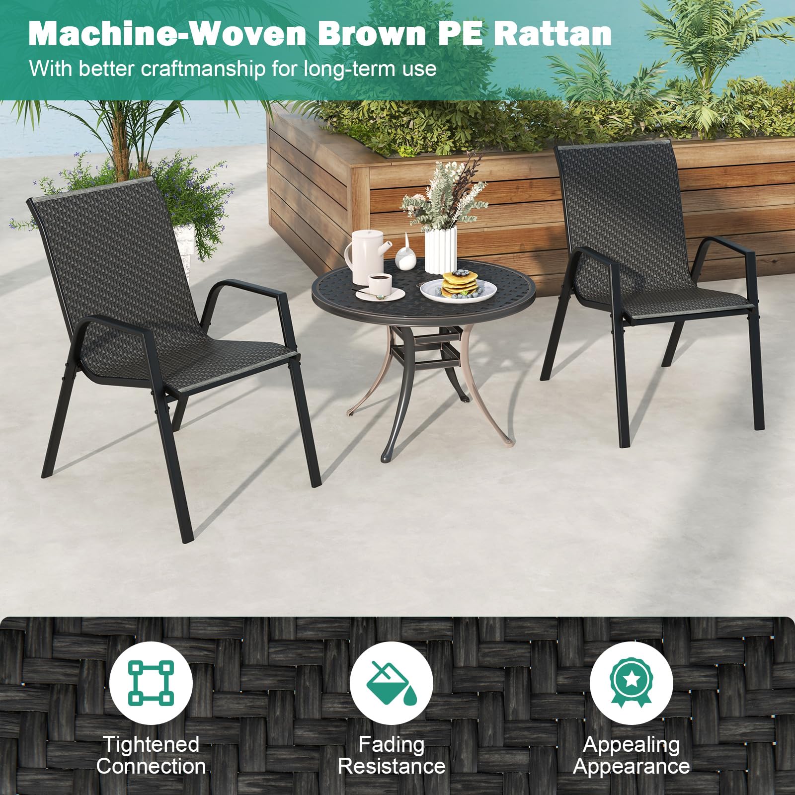 Patio Rattan Chairs Set of 4, Stackable Dining Chair Set with Wicker Woven Backrest & Seat