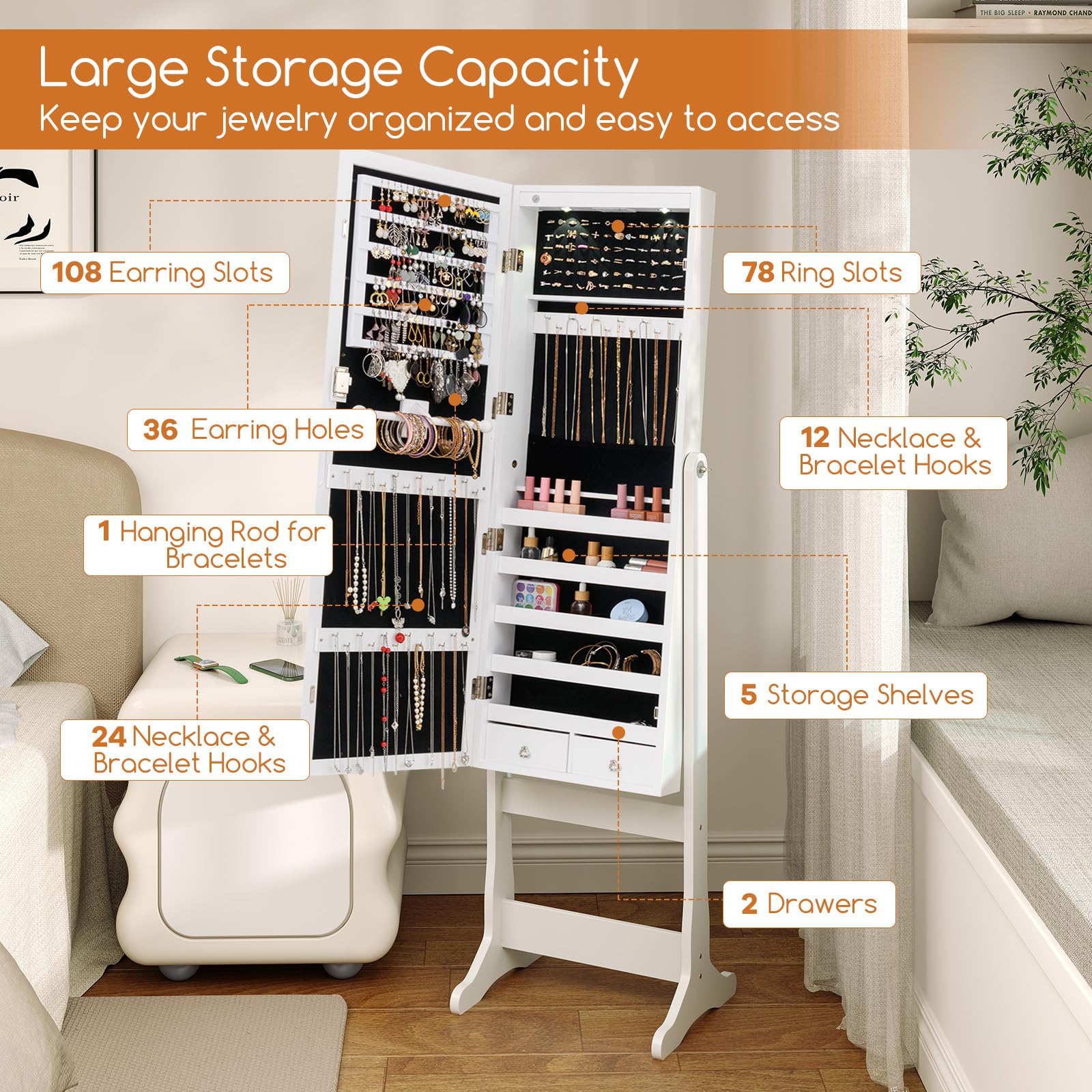 Giantex Freestanding Jewelry Cabinet, Lockable Jewelry Armoire w/Full-Length Mirror & LED Lights