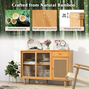 Giantex Buffet Sideboard, Mid Century Modern Bamboo Storage Cabinet w/Tempered Glass Sliding Doors