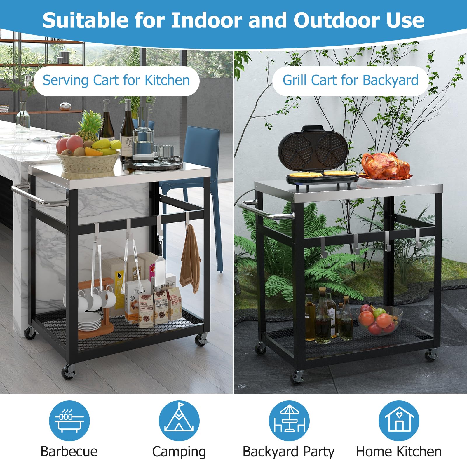 2-Tier Stainless Steel Grill Cart w/Wheels & Handle