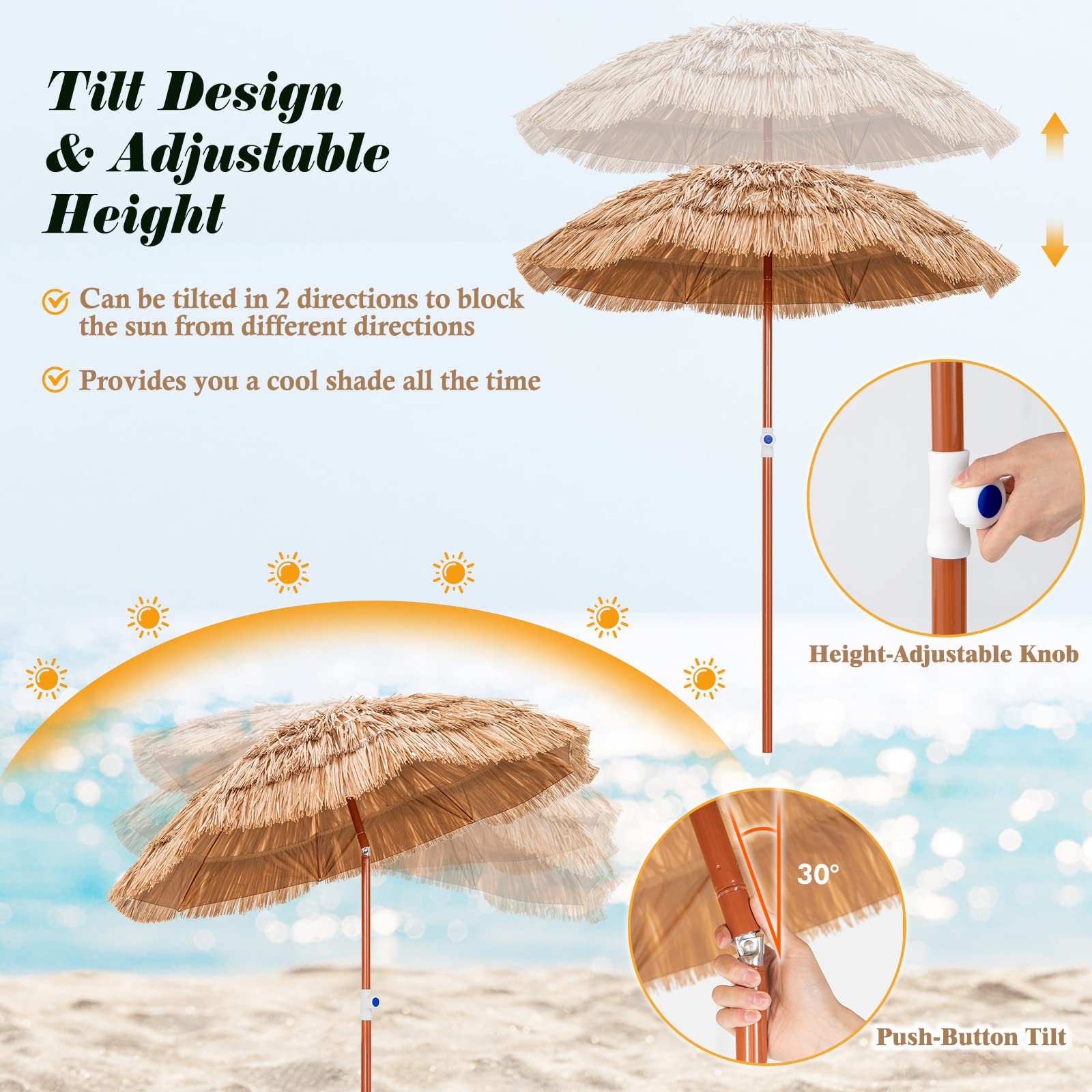 Thatched Patio Umbrella, 1.75m Hawaiian Tiki Umbrella with Carrying Bag