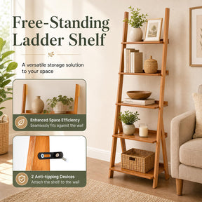 5-Tier Bamboo Ladder Shelf Bookcase, Natural
