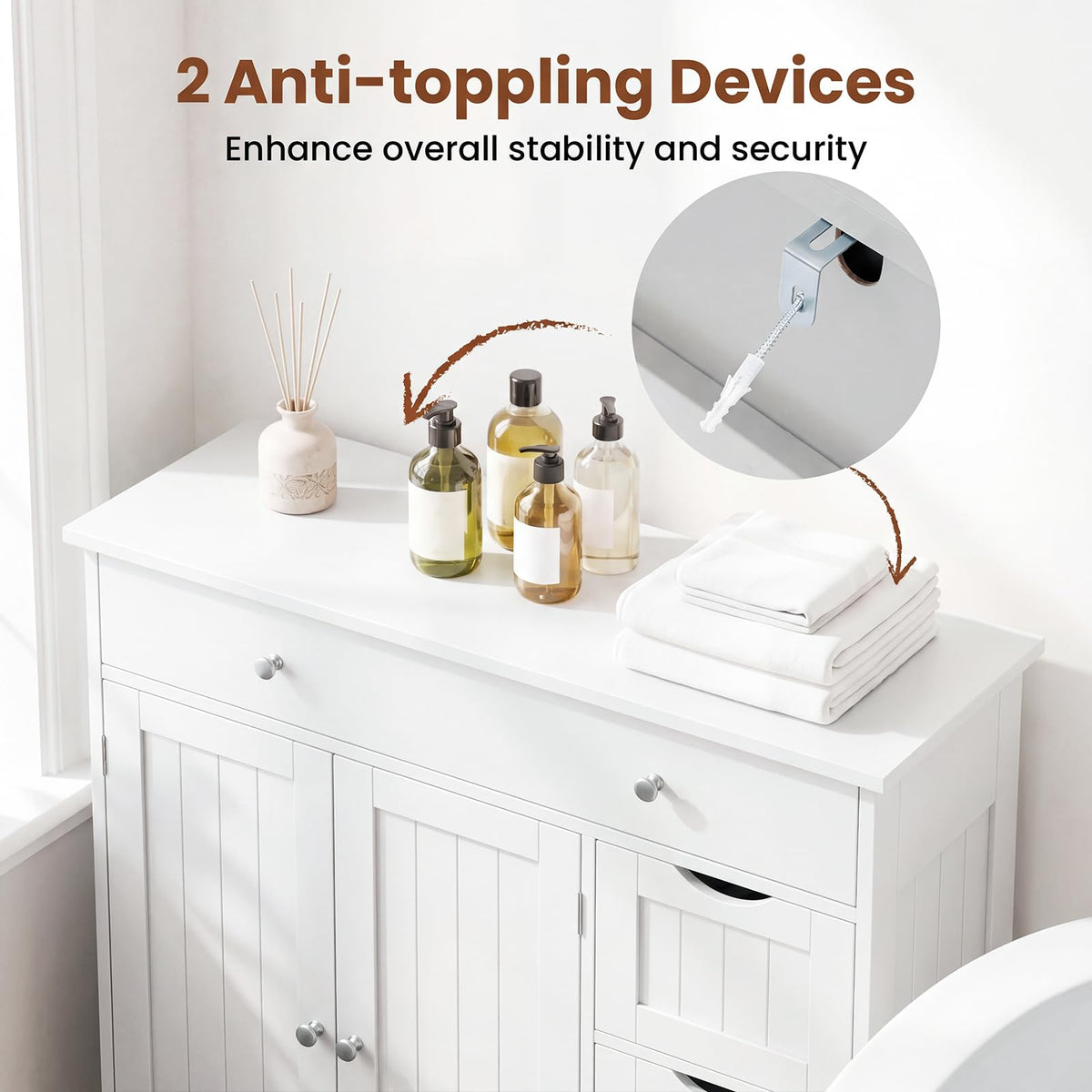 Bathroom Floor Cabinet, Large Storage Cabinet with 4 Drawers, 2 Doors & Adjustable Shelf