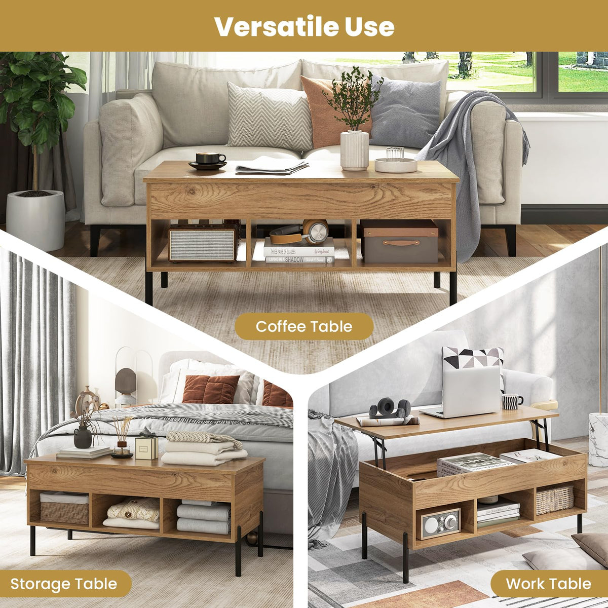 Lift Top Coffee Table, Coffee Station Table with Hidden Compartment, Rising Tabletop, 3 Open Cubbies