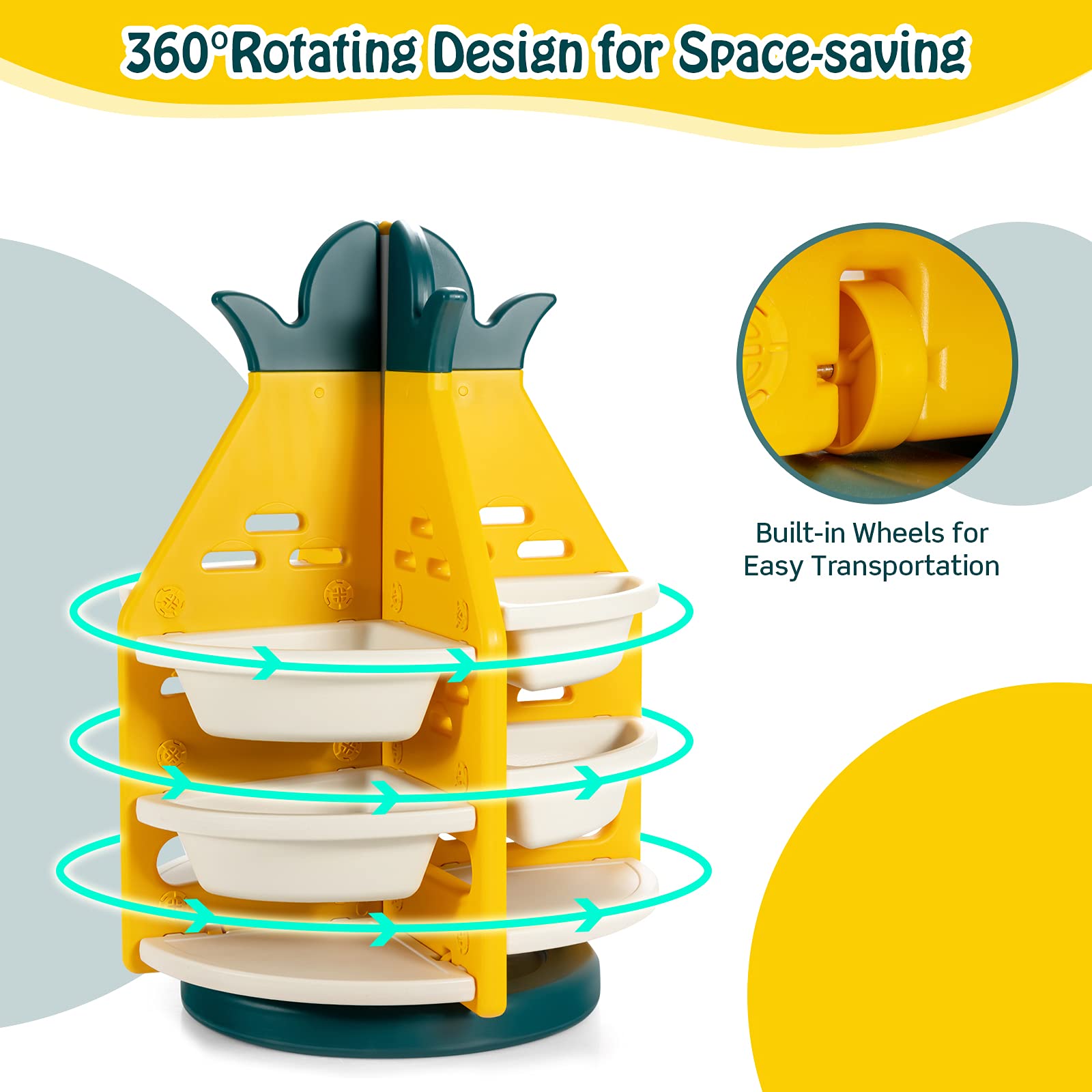 BABY JOY Kids Toy Storage Organiser, 3-Tier 360° Rotating Toy Shelf w/ 8 Bins & 4 Shelves