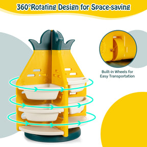 BABY JOY Kids Toy Storage Organiser, 3-Tier 360° Rotating Toy Shelf w/ 8 Bins & 4 Shelves