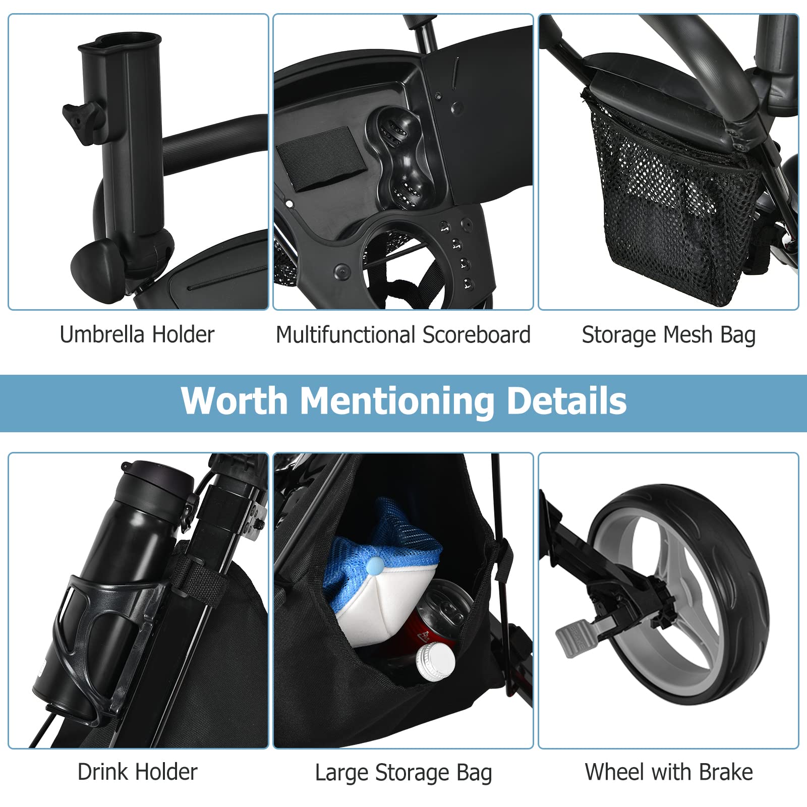 Golf Push Pull Cart, Lightweight 3 Wheels Golf Push Cart