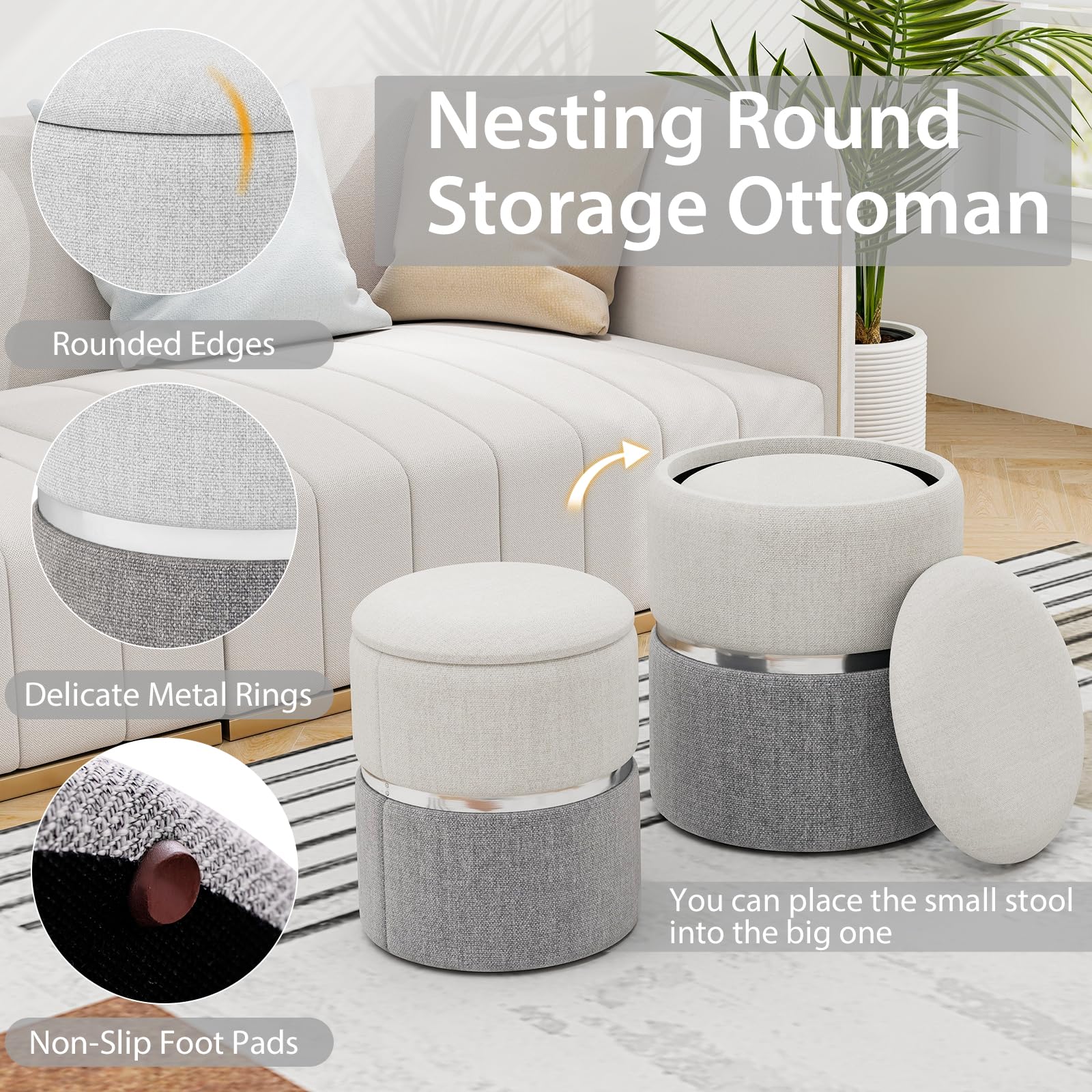 Giantex Linen Fabric Storage Ottoman Set of 2, Modern Round Ottoman with Storage