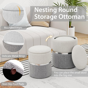 Giantex Linen Fabric Storage Ottoman Set of 2, Modern Round Ottoman with Storage