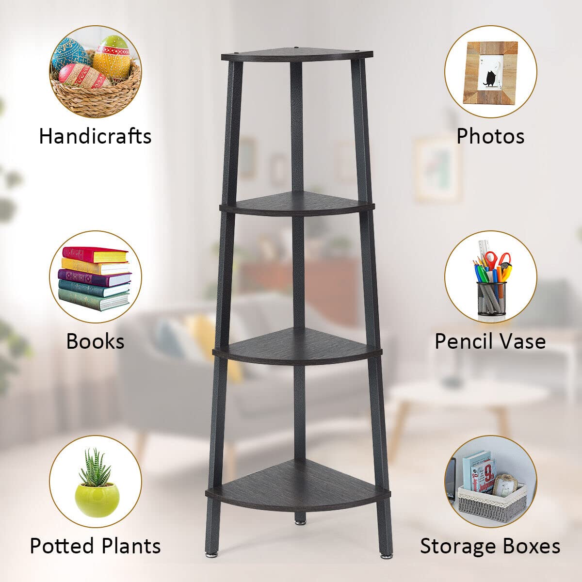Giantex 4-Tier Corner Shelf, Lightweight Wood Look Organizer w/Metal Frame, Multipurpose Storage Shelf