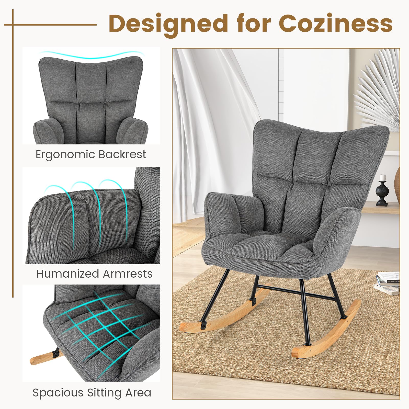 Giantex Linen Rocking Chair, Modern Accent Chair with Backrest, Padded Armrests & Seat