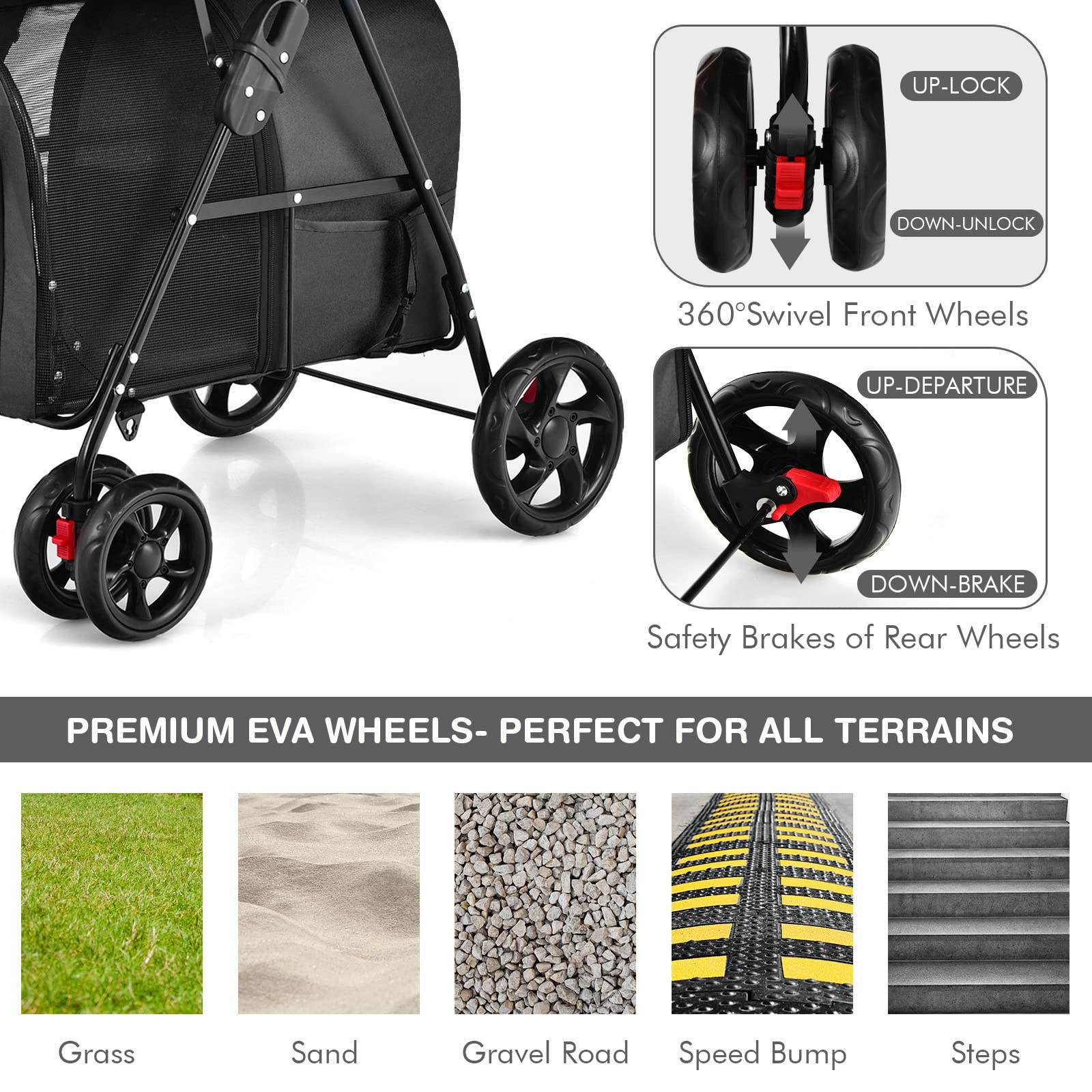 4-in-1 Double Layer Pet Stroller, Foldable Cat Dog Stroller on Wheels