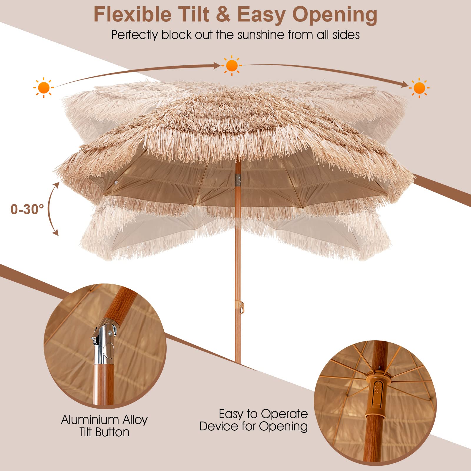 7.2 FT Thatched Tiki Umbrella, Hawaiian Style Hula Beach Umbrella w/Tilt