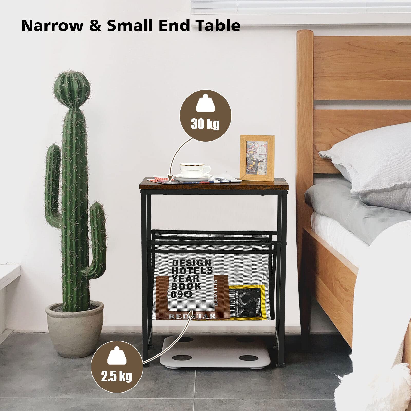 Giantex Industrial End Table, 2-Tier Narrow Small Side Accent Table with Mesh Magazine Holder Sling