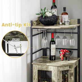 Giantex Corner Bar Cabinet with Glass Holder, Industrial Wine Cabinet with Metal Mesh Doors