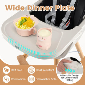 3 in 1 Wooden Convertible Baby High Chair with Removable Tray