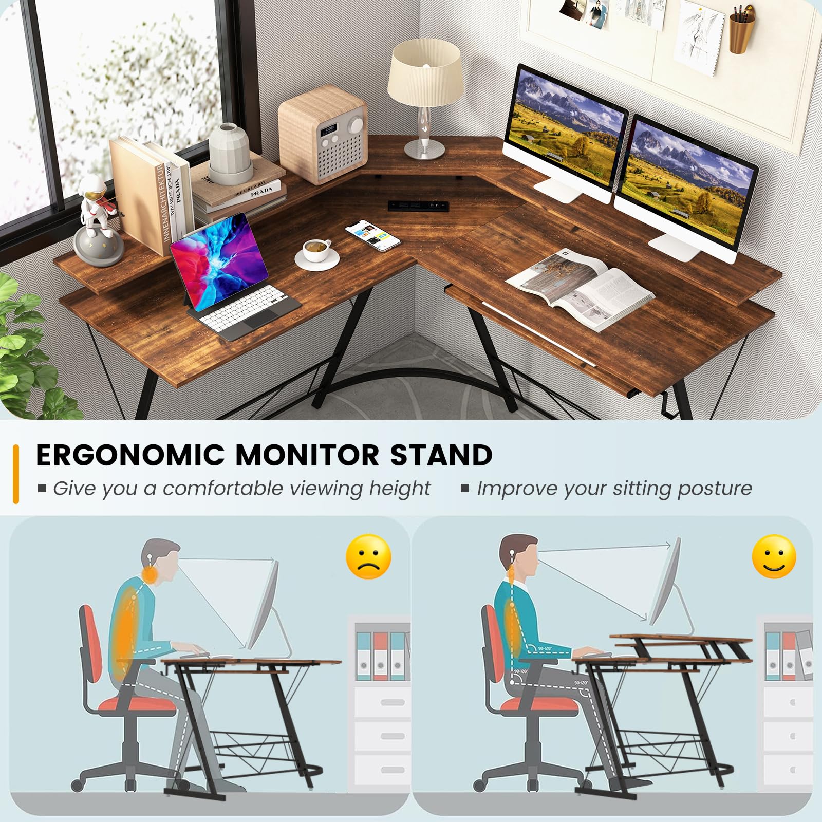 L-Shaped Computer Desk with Power Outlet, 130 cm Corner Computer Workstation with Monitor Stand
