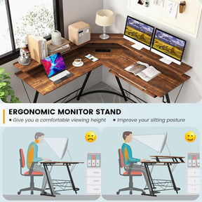 L-Shaped Computer Desk with Power Outlet, 130 cm Corner Computer Workstation with Monitor Stand