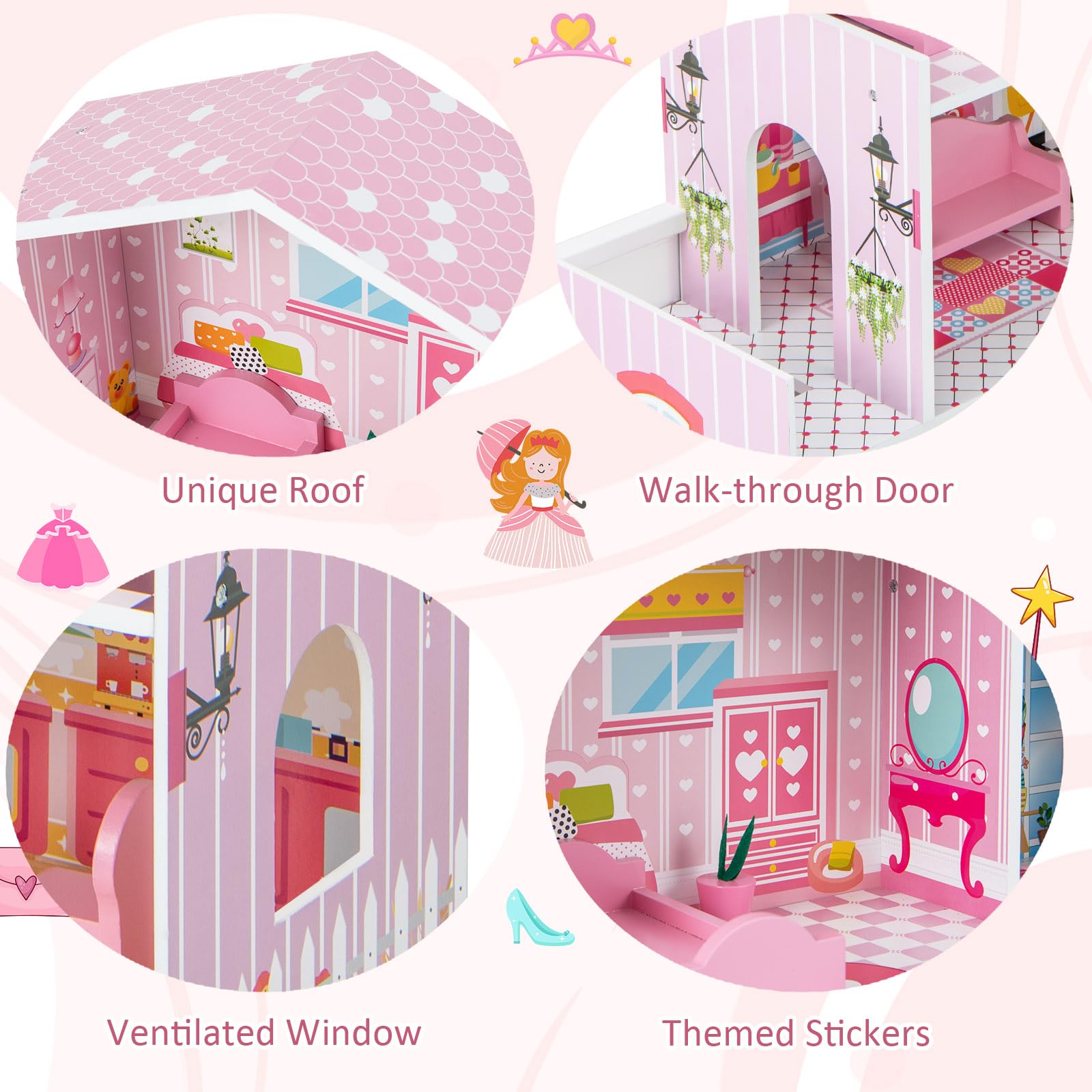 Kids Wooden Dollhouse with 5 Simulated Rooms & 10 Pieces of Furniture