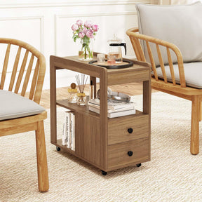 2-Drawer Sofa Side Table with Open Shelves, Modern Narrow End Table