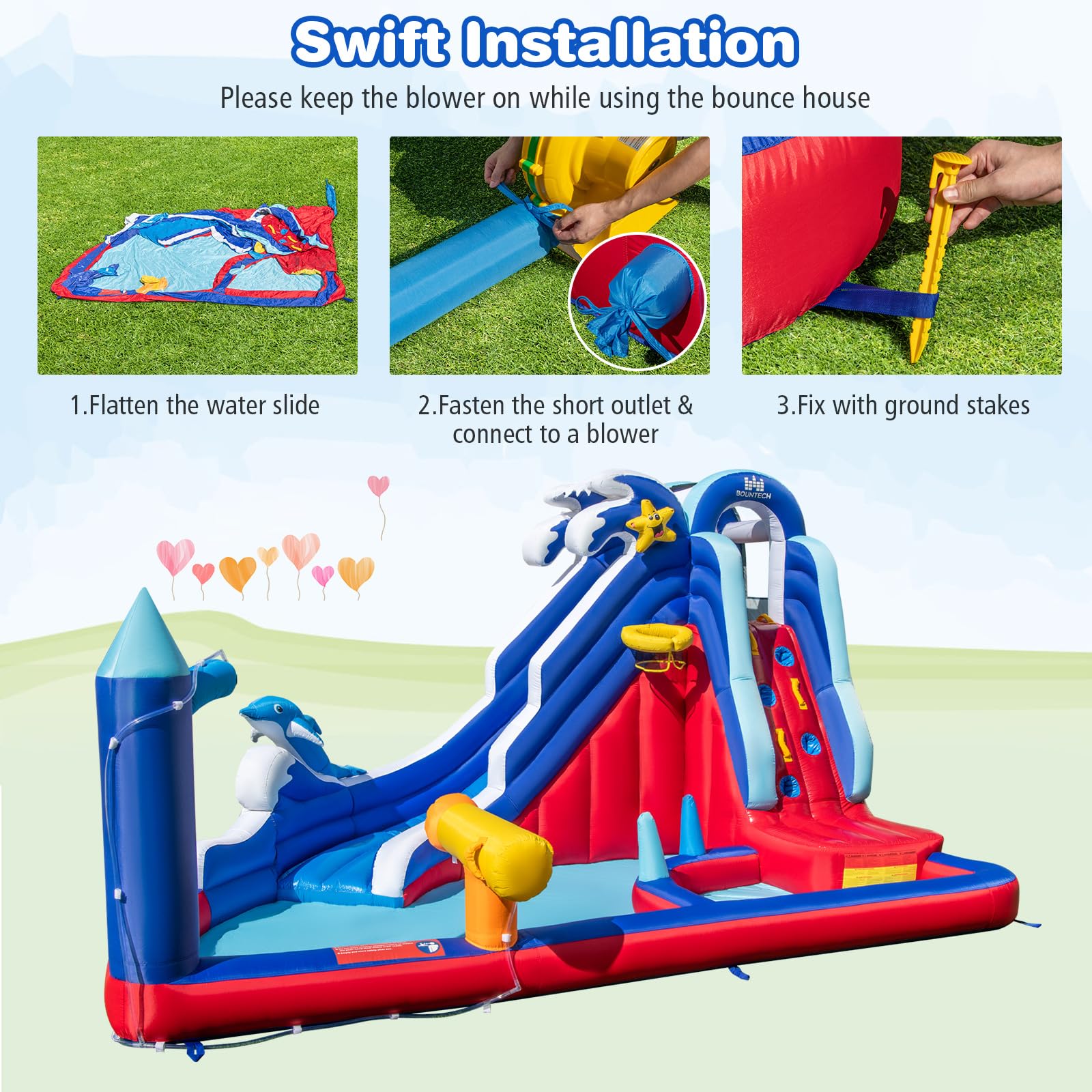 Dolphin Theme Kids Bounce House Water Park w/Long Slide