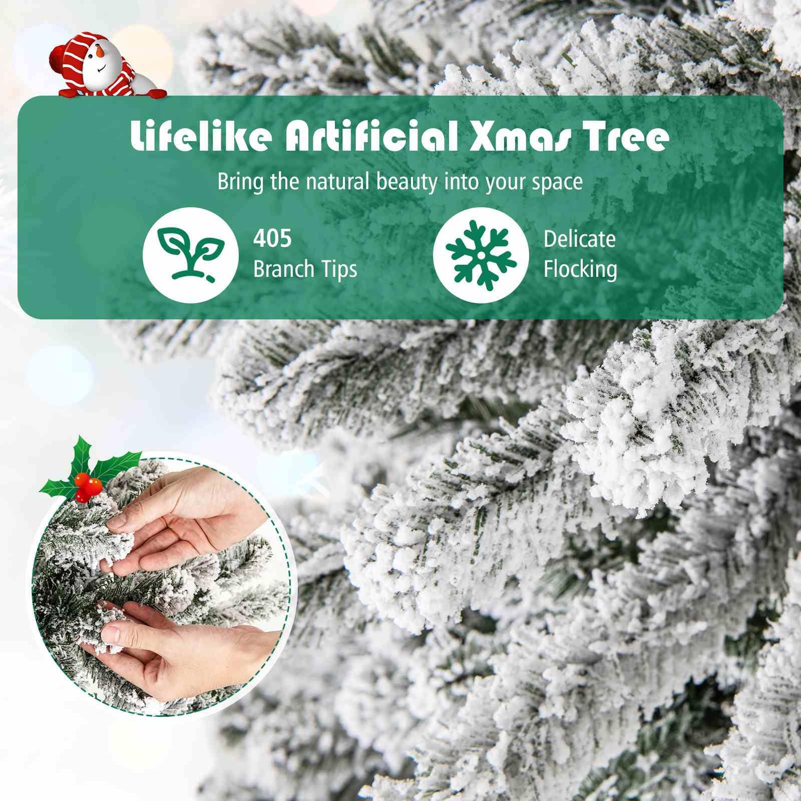 180 cm Artificial Xmas Tree, Flocked Christmas Tree with Lighted Snowflake Topper