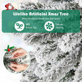 180 cm Artificial Xmas Tree, Flocked Christmas Tree with Lighted Snowflake Topper