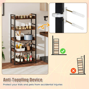 5-Tier Bookshelf,Tall Industrial Bookcase w/Open Shelves & 4 Hooks
