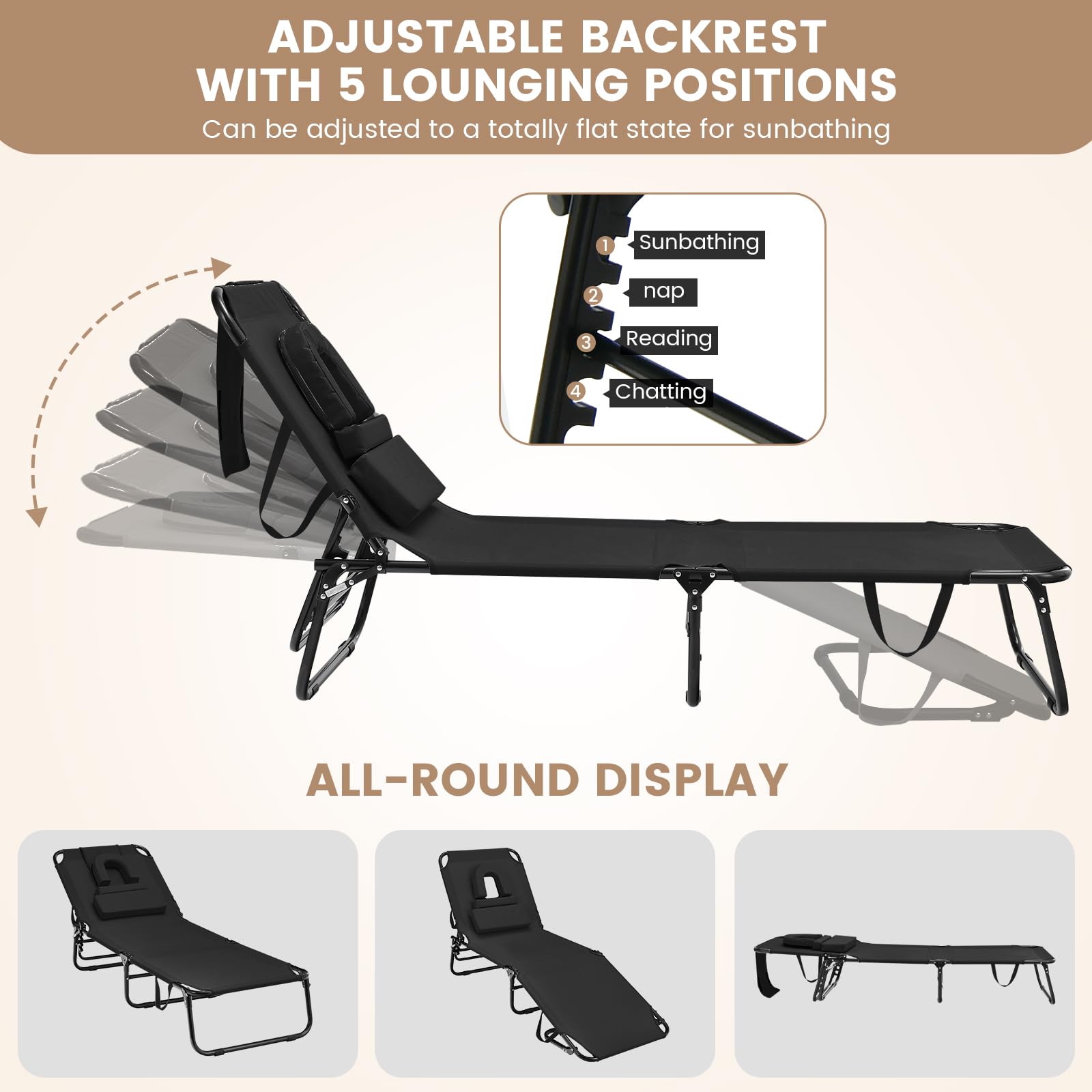 Face Down Tanning Chair, Beach Lounge Chair with 5-Level Adjustable Backrest & 3 Removable Pillows