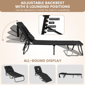 Face Down Tanning Chair, Beach Lounge Chair with 5-Level Adjustable Backrest & 3 Removable Pillows