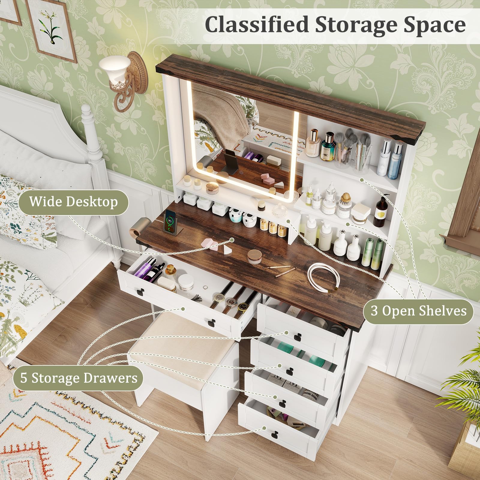 Giantex Farmhouse Vanity Set w/Mirror and Lights, Modern Dressing Table & Stool Set w/ 3-Color Lighting & Adjustable Brightness