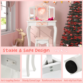 HONEY JOY 2 in 1 Kids Vanity Table Set, Princess Pretend Play Makeup Dressing Table w/Tri-Folding Mirror & Stool