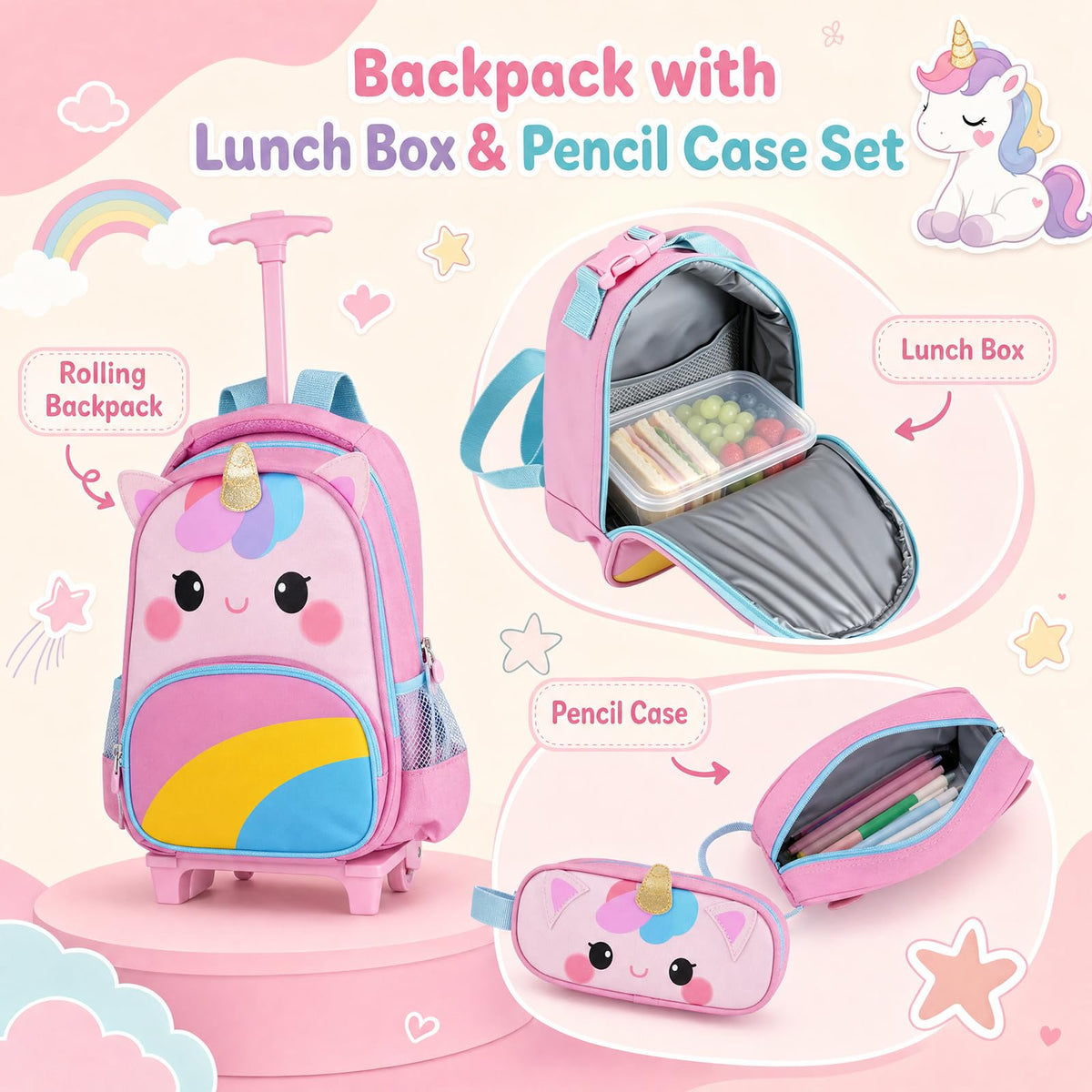 Wheeled Backpack with Lunch Box and Pencil Case, Travel Luggage for Kindergarten, Elementary Preschool Students