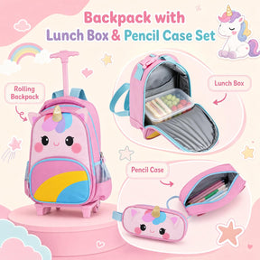 Wheeled Backpack with Lunch Box and Pencil Case, Travel Luggage for Kindergarten, Elementary Preschool Students