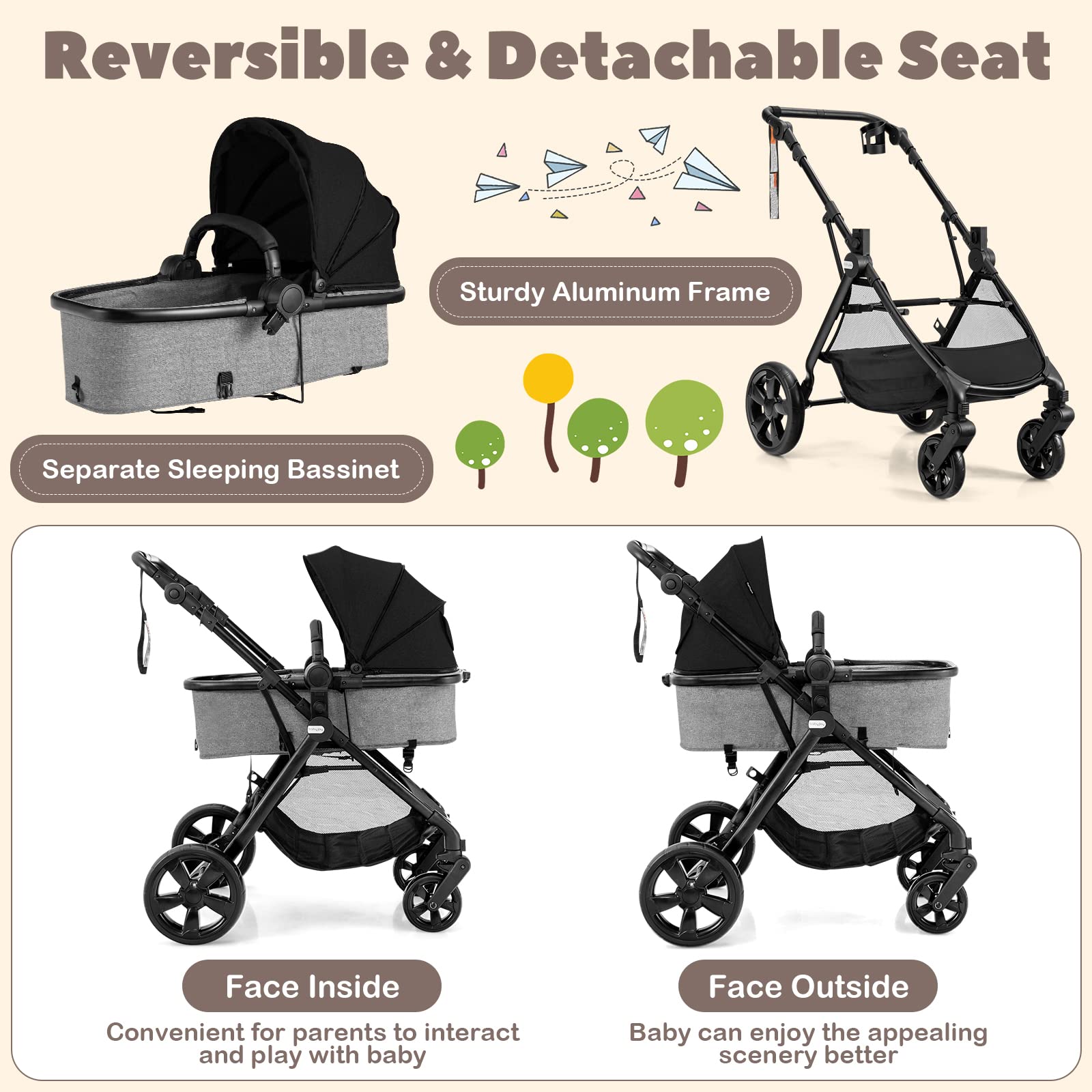 BABY JOY 2 in 1 High Landscape Baby Stroller, Convertible Baby Pram Jogger