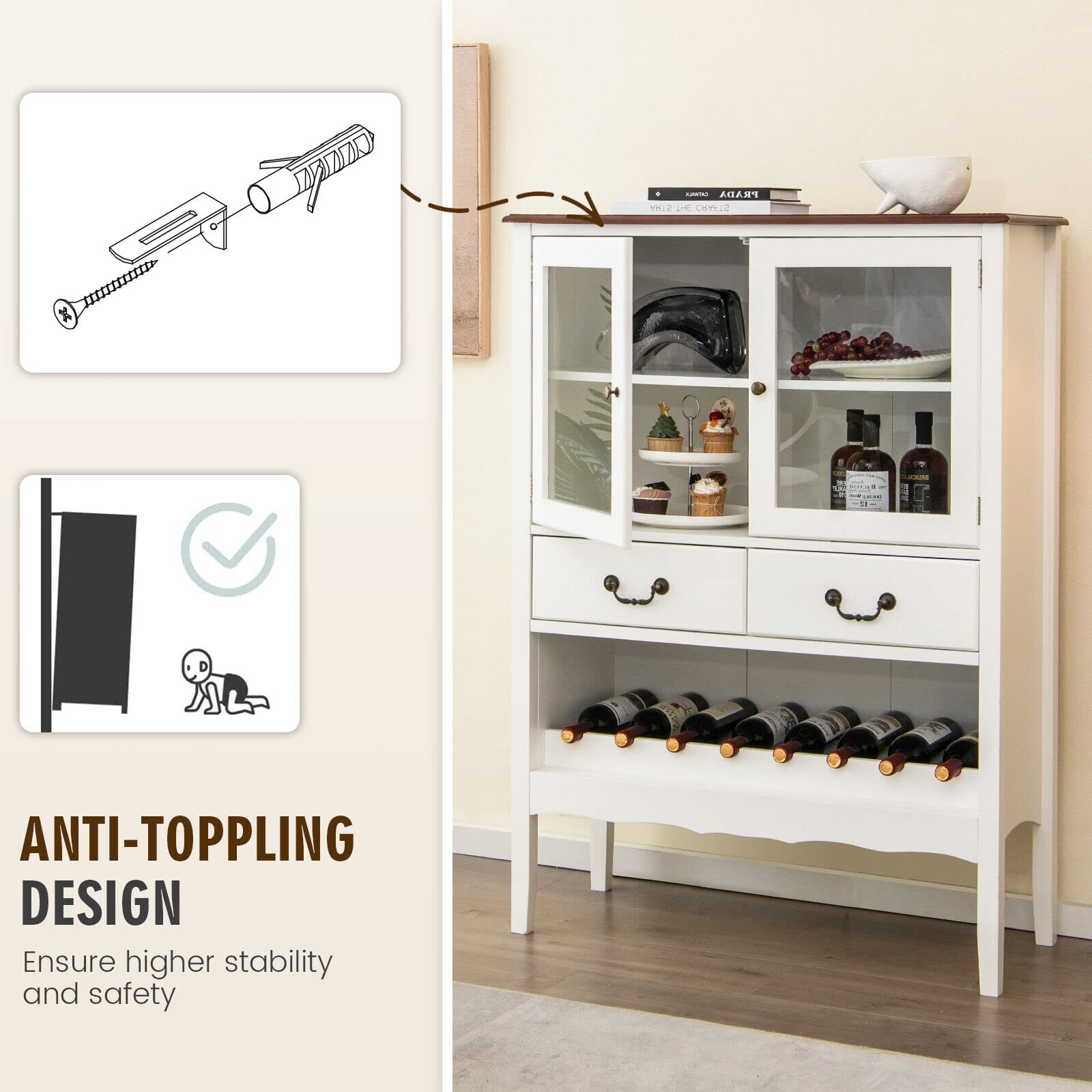 Giantex Sideboard Buffet Cabinet, Storage Cabinet with 2 Tempered Glass Doors, 2 Drawers, White