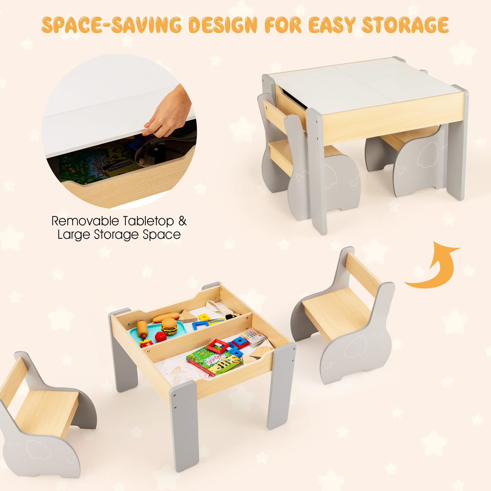 HONEY JOY Kids Table and Chair Set, 3-in-1 Wooden Activity Table and 2 Chairs for Drawing, Studying