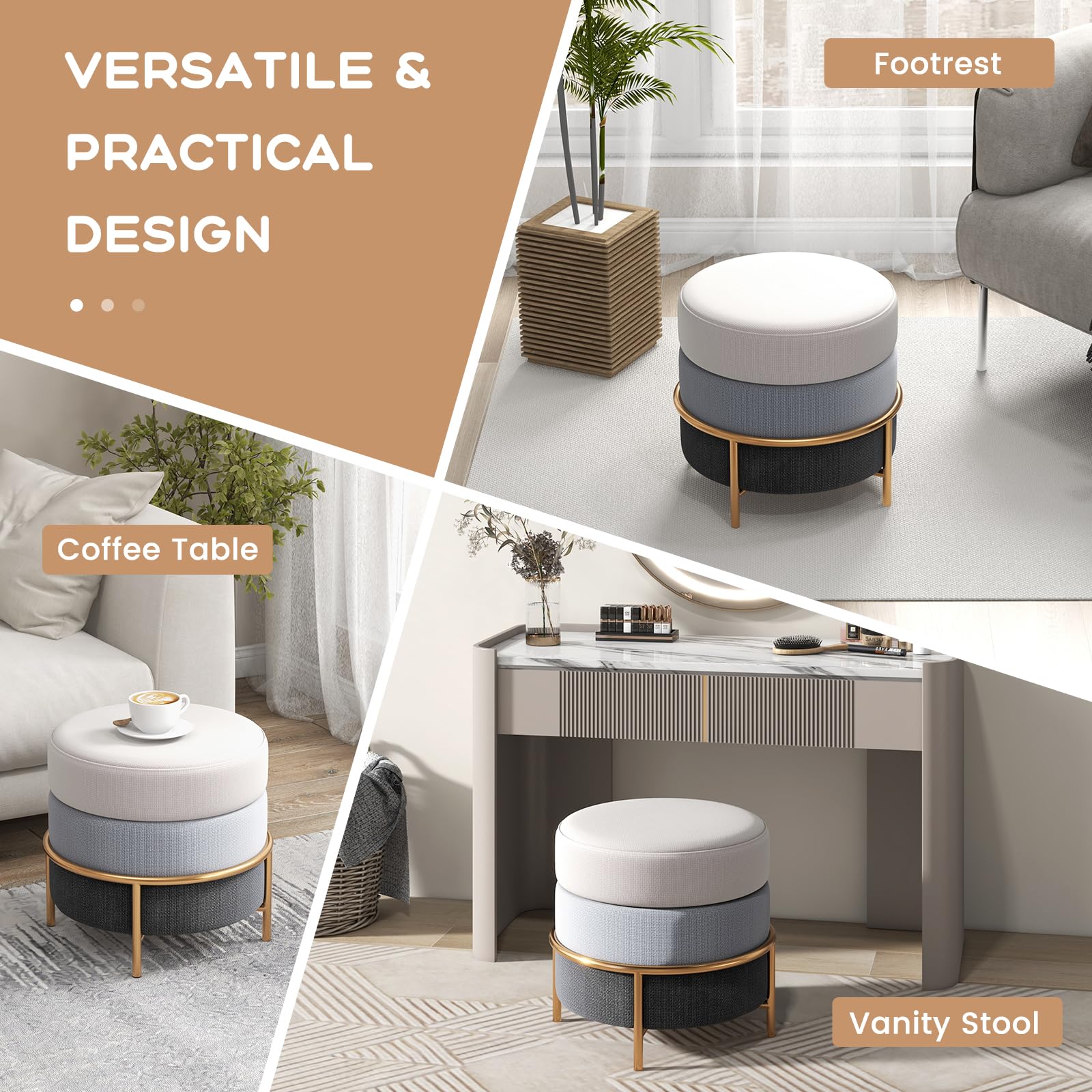 Giantex Upholstered Linen Fabric Ottoman, Multifunctional Round Vanity Stool with Gold Metal Legs & Anti-Slip Foot Pads