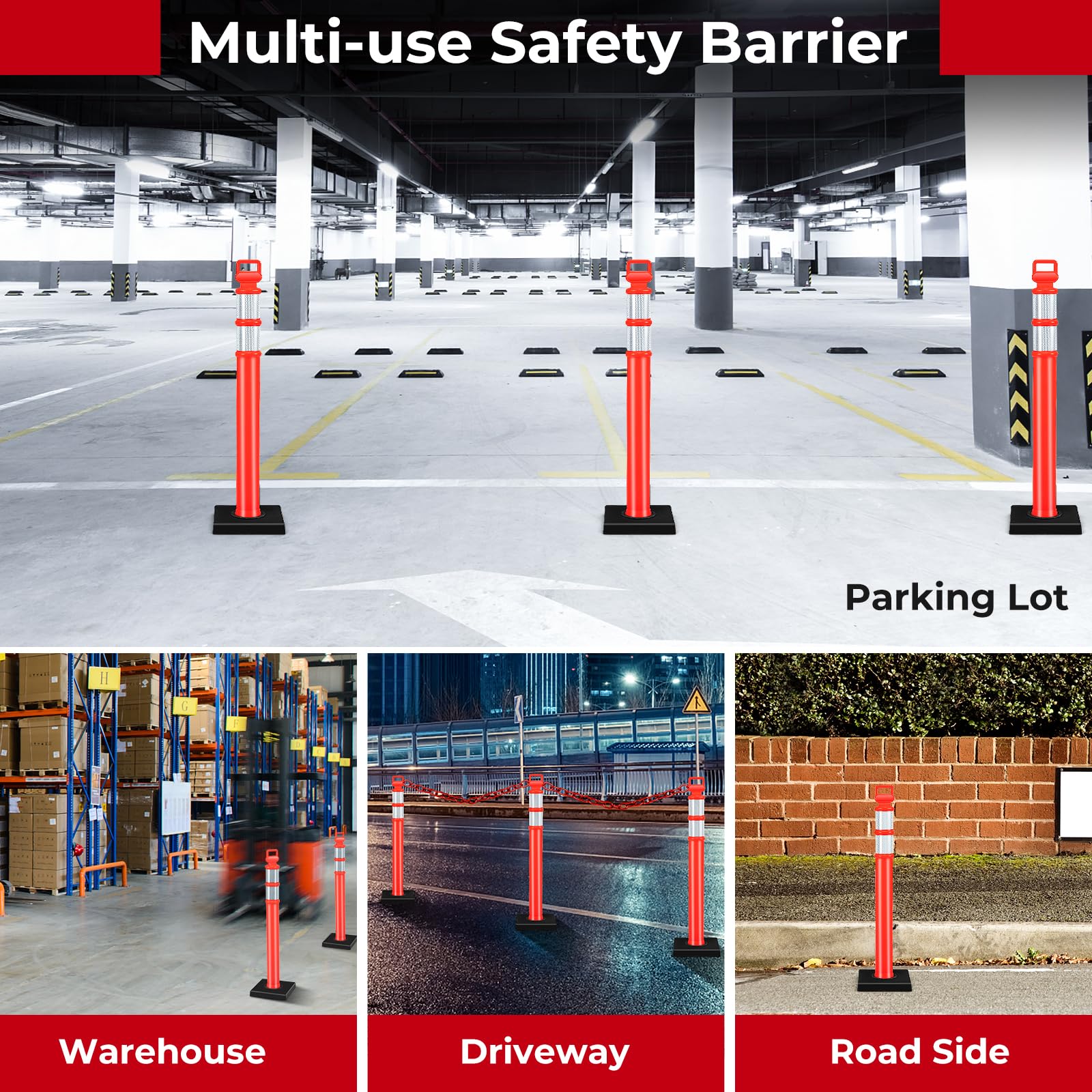 3 Pack Traffic Delineator Post, 114.5 cm Safety Traffic Barrier with Rubber Base