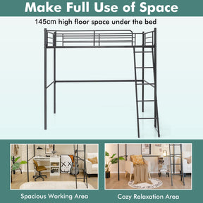 Loft Bed with Ladder, Heavy-Duty Steel Bed Frame with High Guard Rails, Versatile Bed Frame with Ample Underneath Floor Space for Working & Relaxation