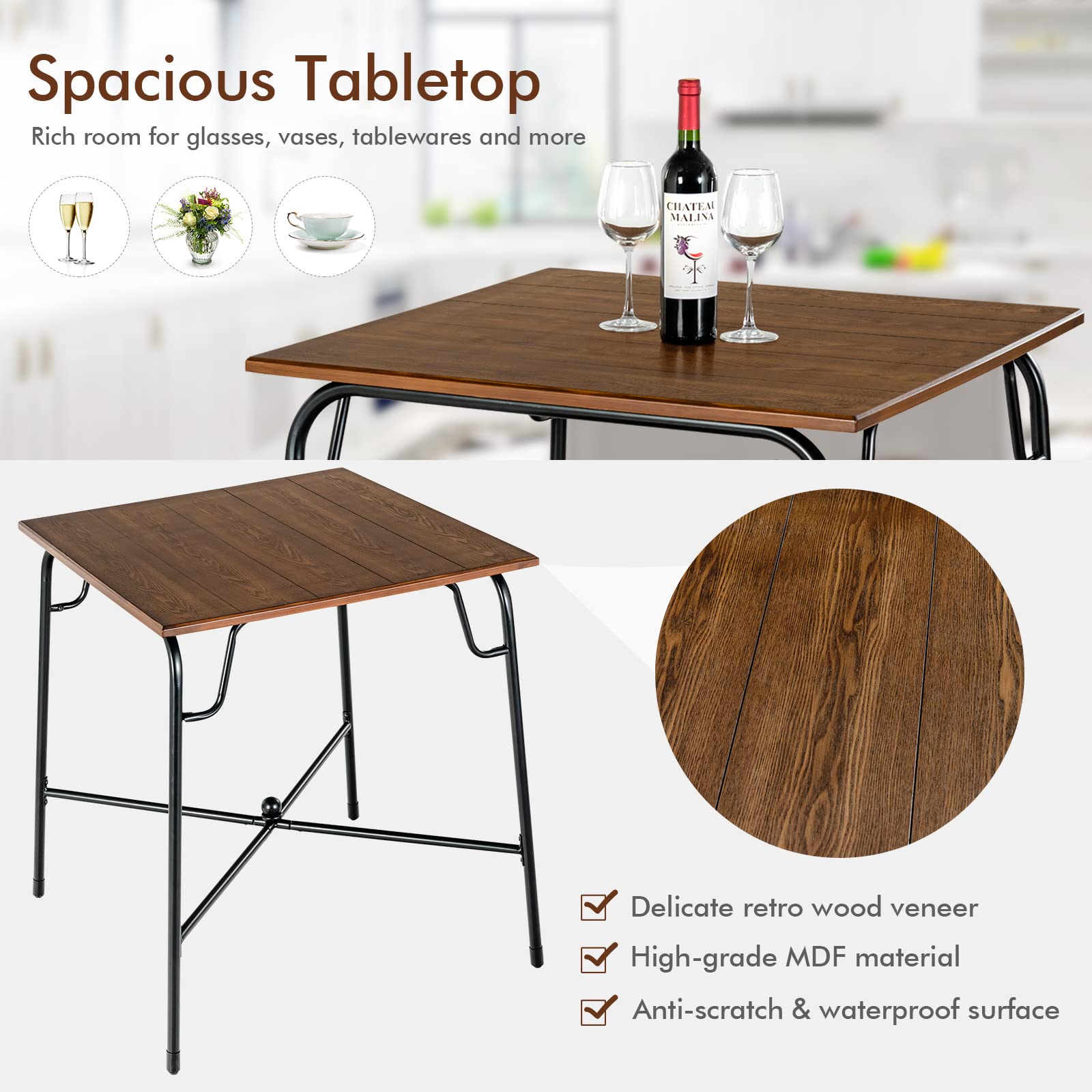 Giantex 5-Piece Bar Table Set, Vintage Counter Height Square Table w/ 4-Piece Classic Backless Stools, Rustic Brown