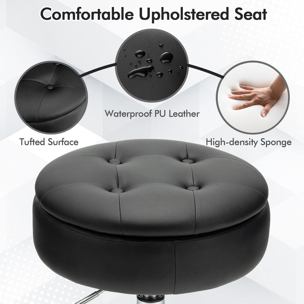 Vanity Stool with Storage, 360° Swivel PU Leather Vanity Chair, 50-66cm Height Adjustable Makeup Stool with Flipped Lid