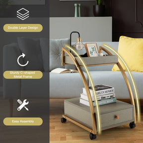 Giantex Rolling Side Table, 2-Tier End Table w/Drawer, C-Shaped Sofa Side Table, Grey & Gold
