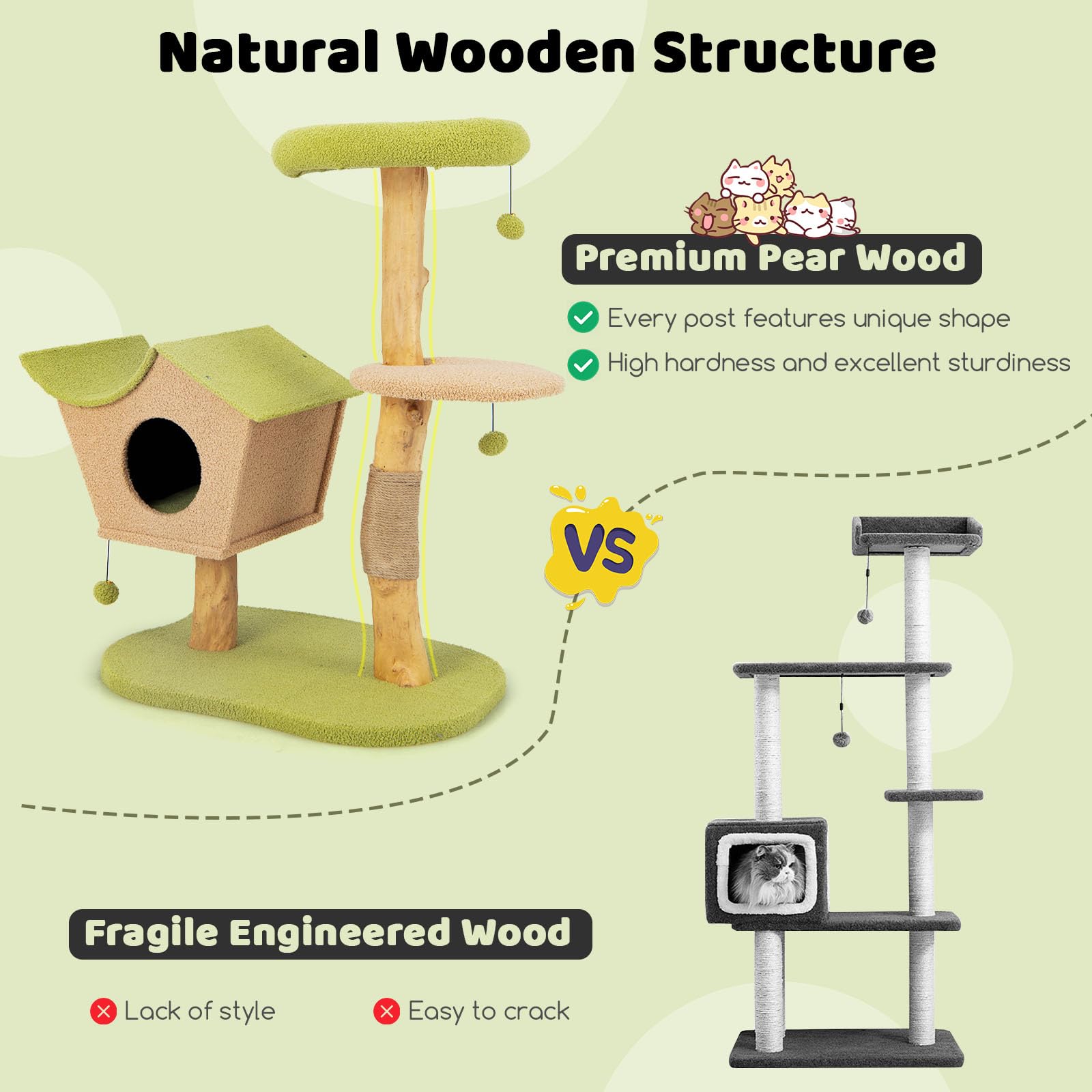 110 CM Cat Tree, Solid Wood Cat Tower with Padded Top Perch