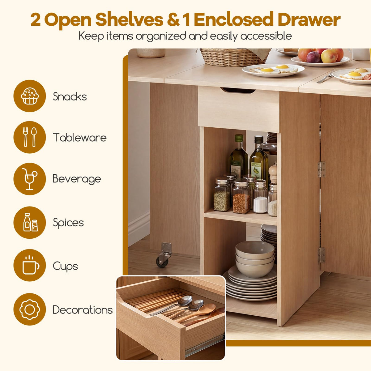 Folding Dining Table for 2-4, Space Saving Kitchen Table Drop Leaf with 2 Open Shelves & Drawer