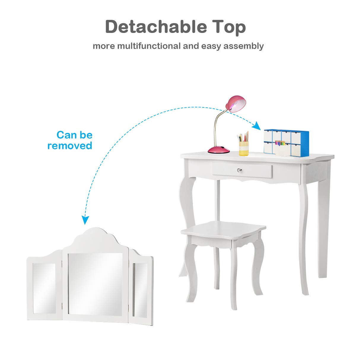 2 in 1 Kids Vanity Table & Chair Set, Princess Makeup Dressing Table with Drawer & Tri-Folding Mirror