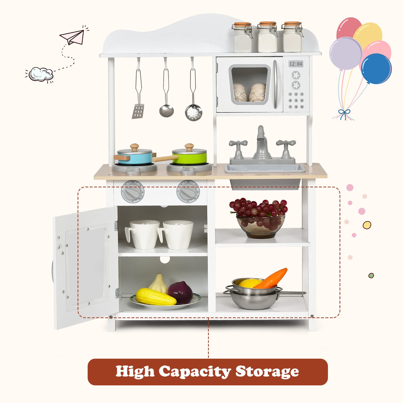 HONEY JOY Kids Kitchen Playset, Wooden Pretend Playset for Toddlers w/Sink, Oven, Microwave, Stove, Pots, Utensils