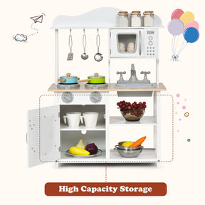 HONEY JOY Kids Kitchen Playset, Wooden Pretend Playset for Toddlers w/Sink, Oven, Microwave, Stove, Pots, Utensils
