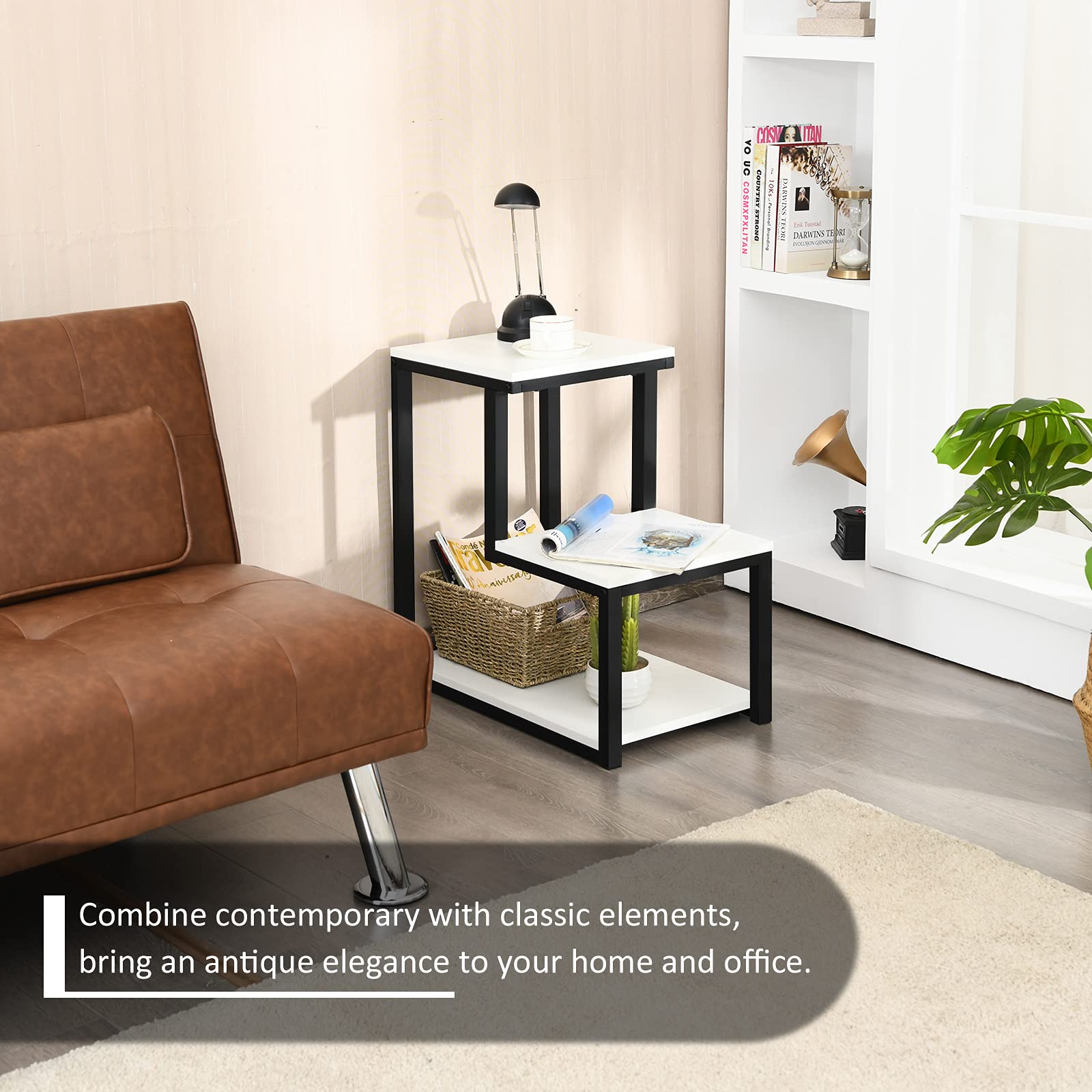 Bedside End Table, 3-Tier Side Table, 3 Storage Shelves, Space-Saving, Modern Sofa End Table Nightstand Unit